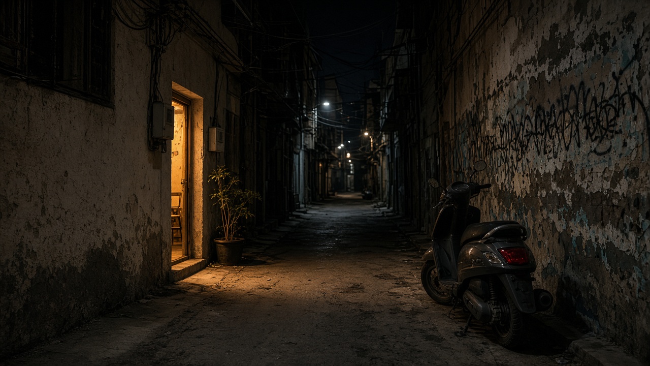 Florentin alley at night with a small lit doorway
