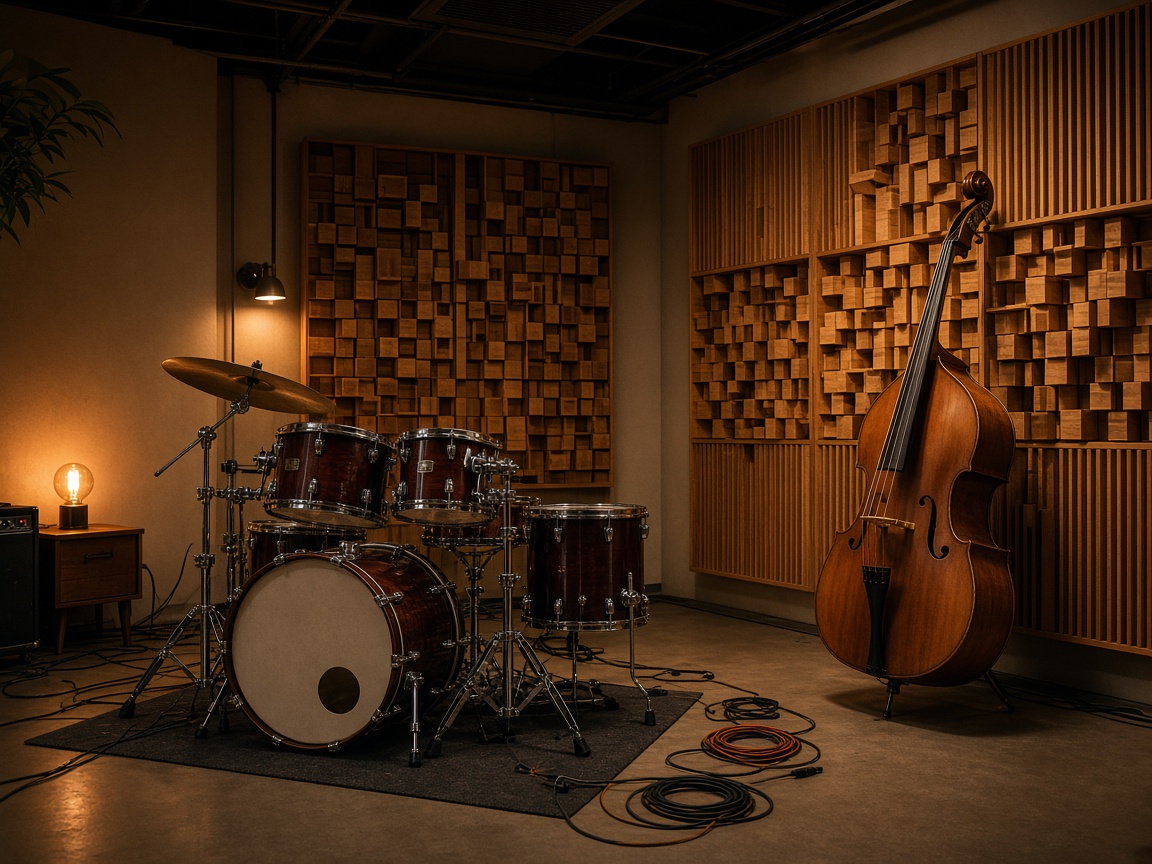 Live room with drums and wood acoustic panels