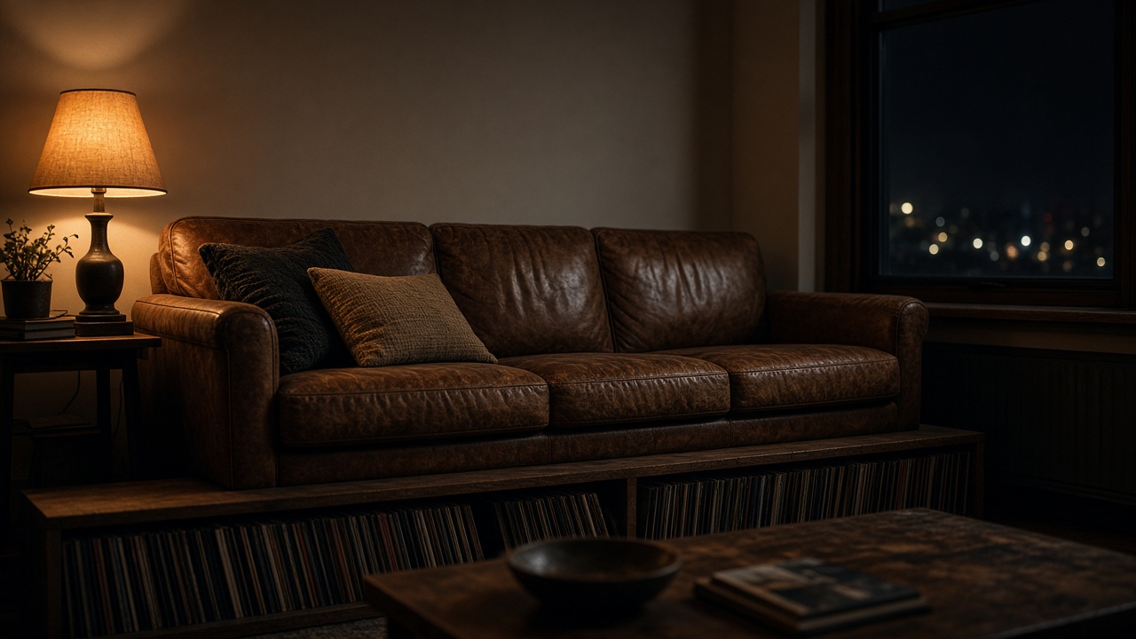 Studio lounge with a leather sofa and an amber lamp