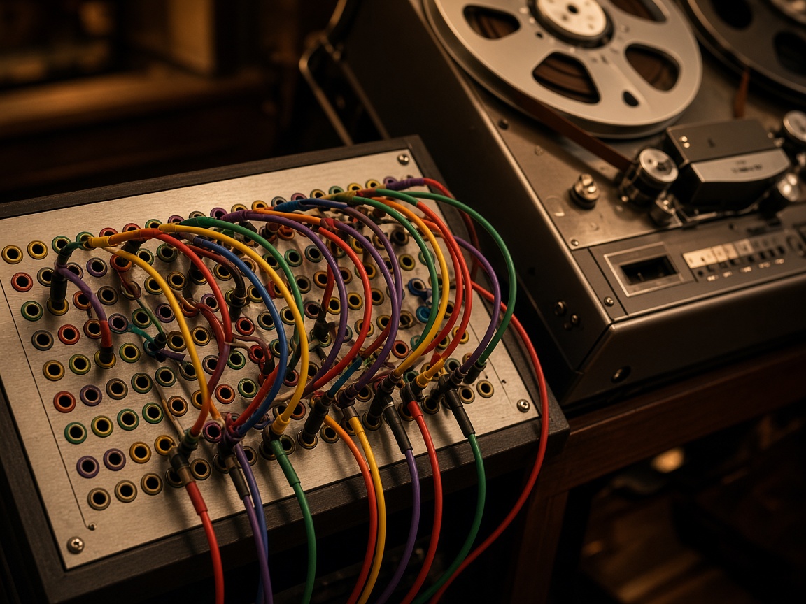 Patchbay and tape machine in amber light