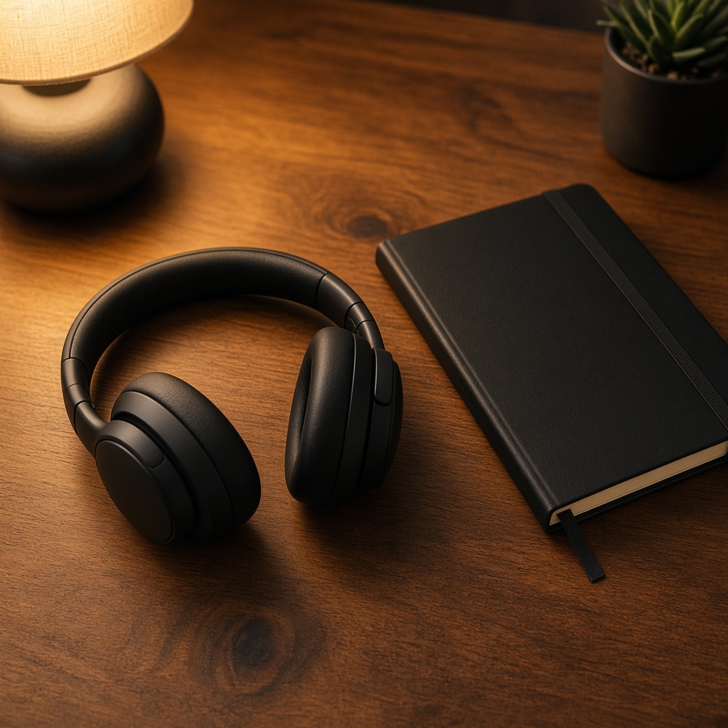 Studio headphones on a wooden ledge